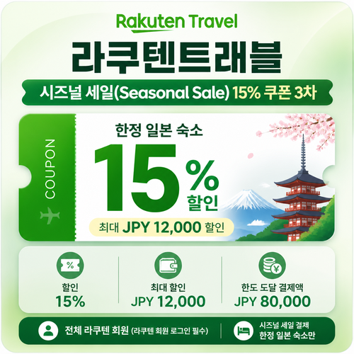 라쿠텐트래블 시즈널 세일 15% 쿠폰 할인코드